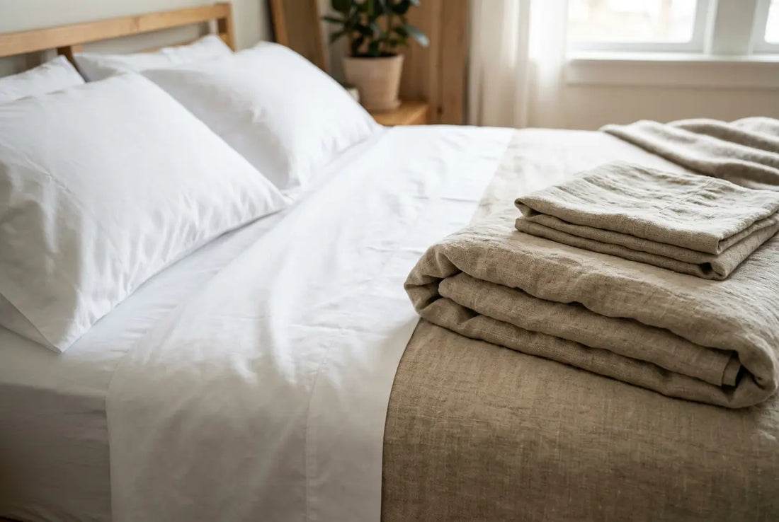 Percale vs linen: crisp white cotton percale sheet beside a textured linen sheet.