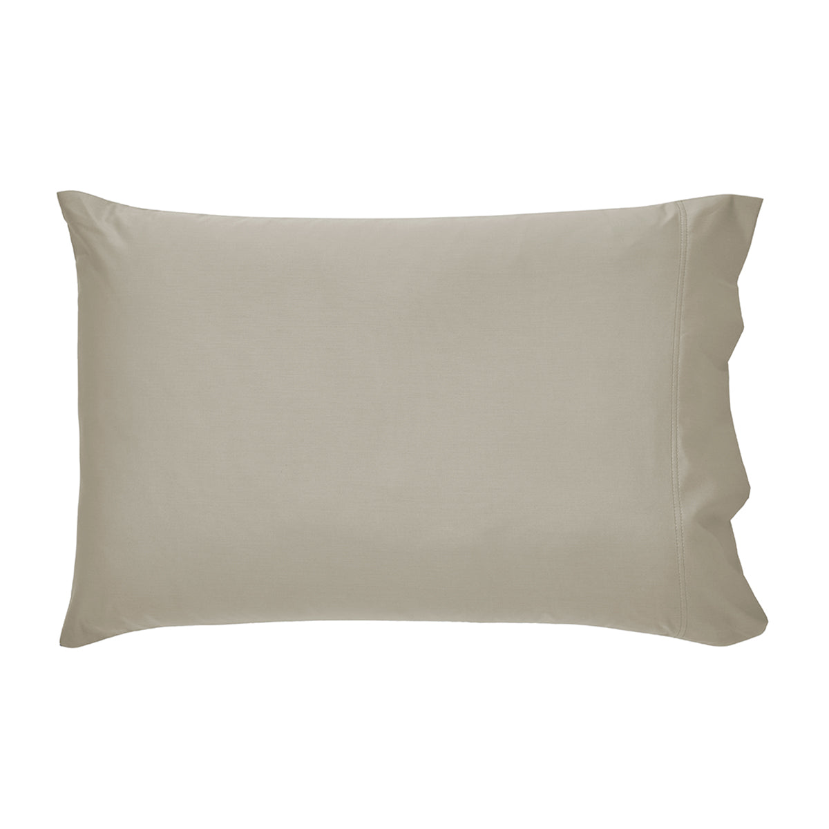 Single beige Egyptian cotton sateen pillowcase for luxury comfort, photograph on a white background.