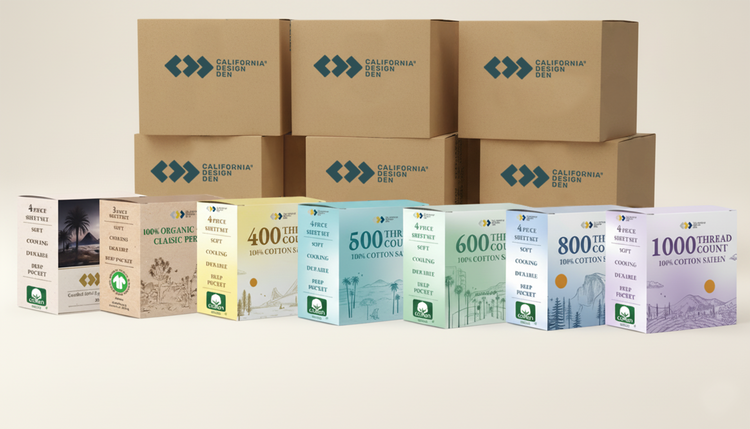 Stack of California Design Den boxes with top rated sheets, best bed sheets, & eco-friendly sheets.