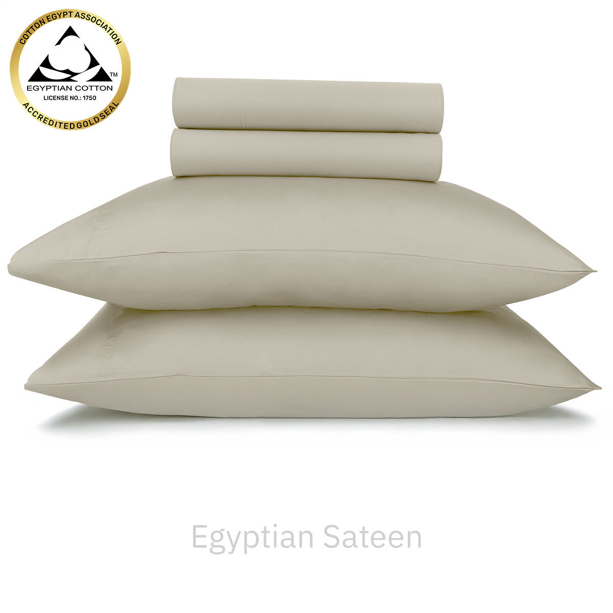 Bed made with smooth beige Egyptian Cotton Sateen sheets and a wooden headboard for luxury comfort.