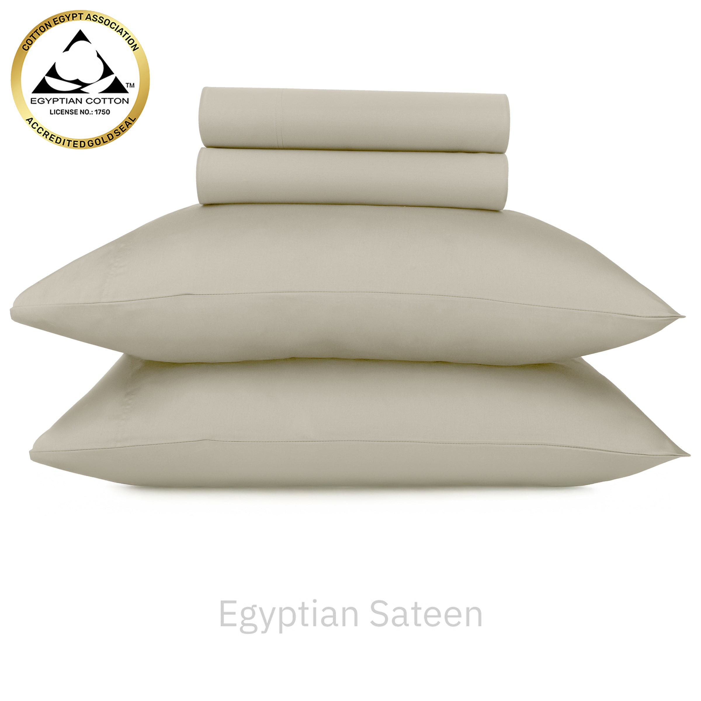 Bed made with smooth beige Egyptian Cotton Sateen sheets and a wooden headboard for luxury comfort.