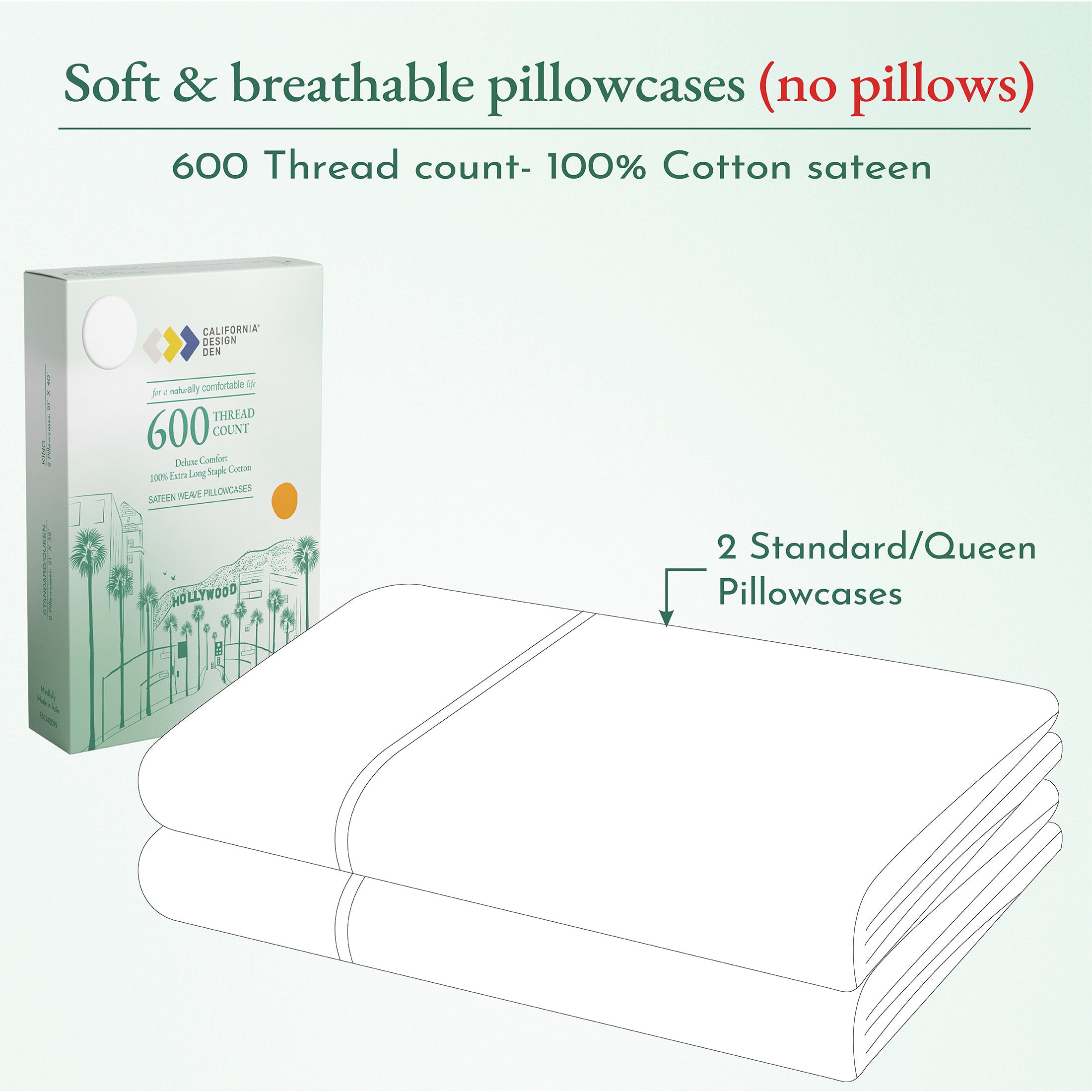 Pillowcase Pair - 600 Thread Count - Deluxe Comfort - California Design Den